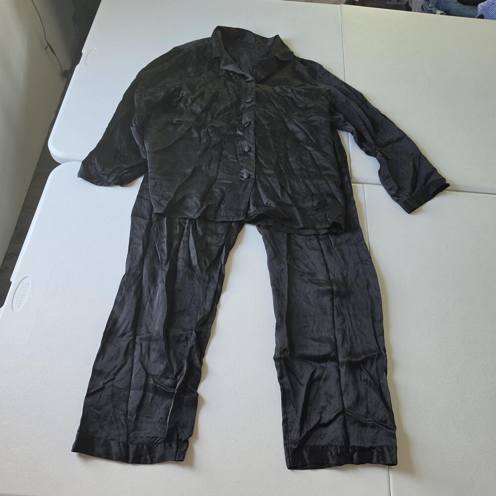 SilkSilky Pajama Set Womens XL Black 100% Silk Satin Button Up Long Sleeve